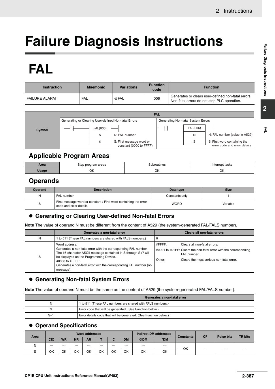 Failure diagnosis instructions, Applicable program areas operands, 2 instructions | Generating non-fatal system errors, Operand specifications | Omron SYSMAC CP CP1E-N@@D@-@ User Manual | Page 423 / 467