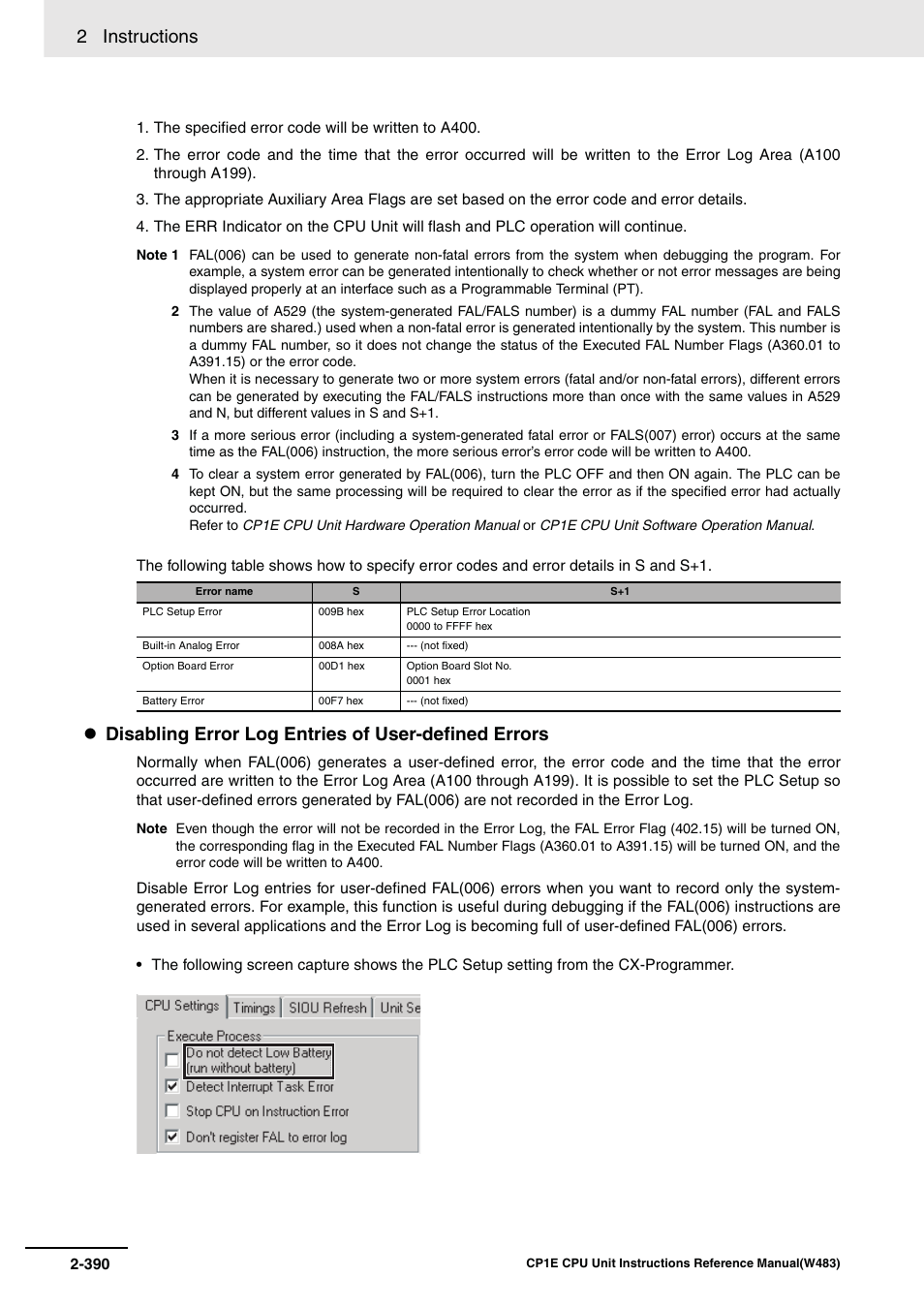 2 instructions, Disabling error log entries of user-defined errors | Omron SYSMAC CP CP1E-N@@D@-@ User Manual | Page 426 / 467