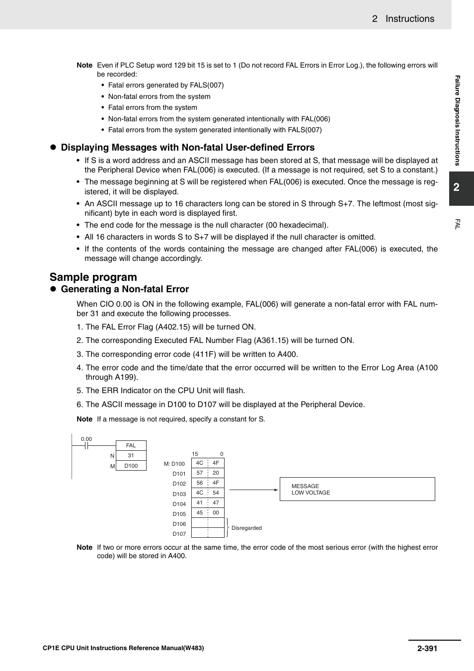 Sample program, 2 instructions, Generating a non-fatal error | Omron SYSMAC CP CP1E-N@@D@-@ User Manual | Page 427 / 467