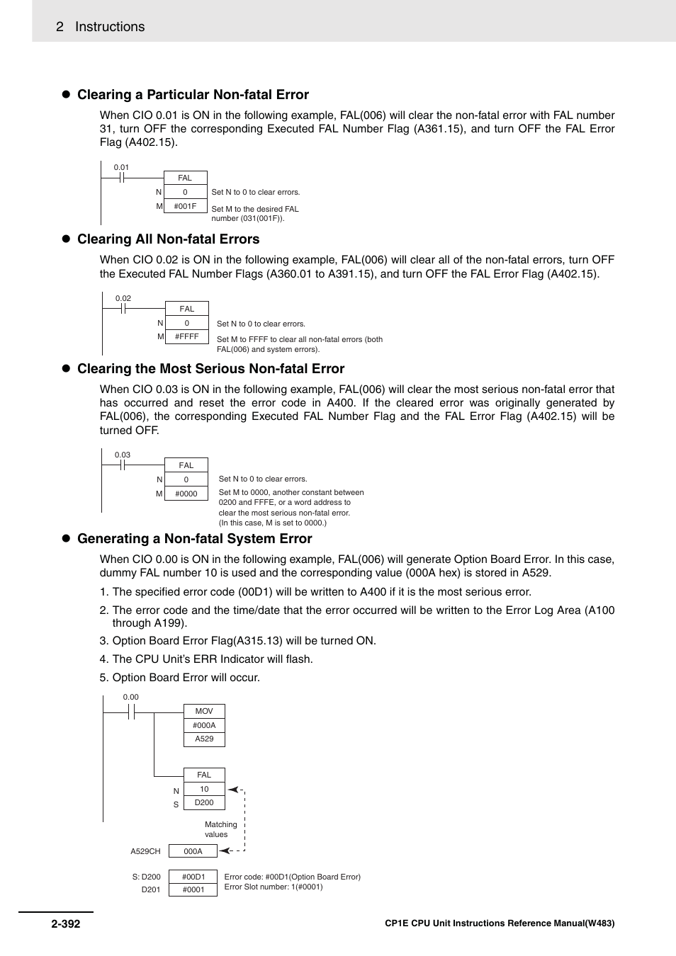 2 instructions, Clearing a particular non-fatal error, Clearing all non-fatal errors | Clearing the most serious non-fatal error, Generating a non-fatal system error | Omron SYSMAC CP CP1E-N@@D@-@ User Manual | Page 428 / 467