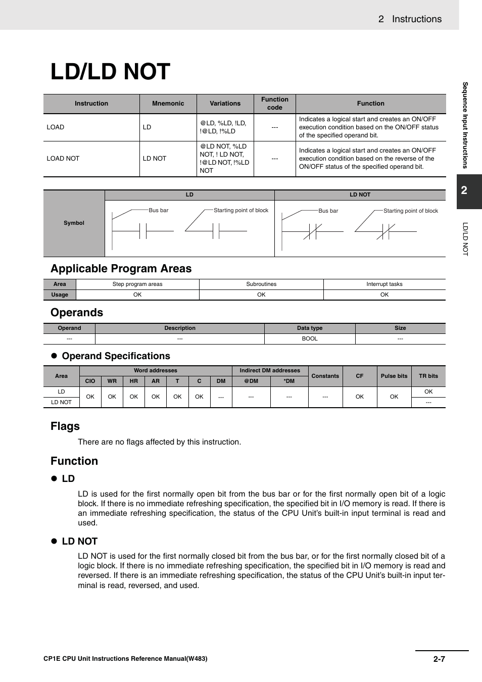 Ld/ld not, Applicable program areas operands, Flags | Function, 2 instructions, Operand specifications, Ld not | Omron SYSMAC CP CP1E-N@@D@-@ User Manual | Page 43 / 467