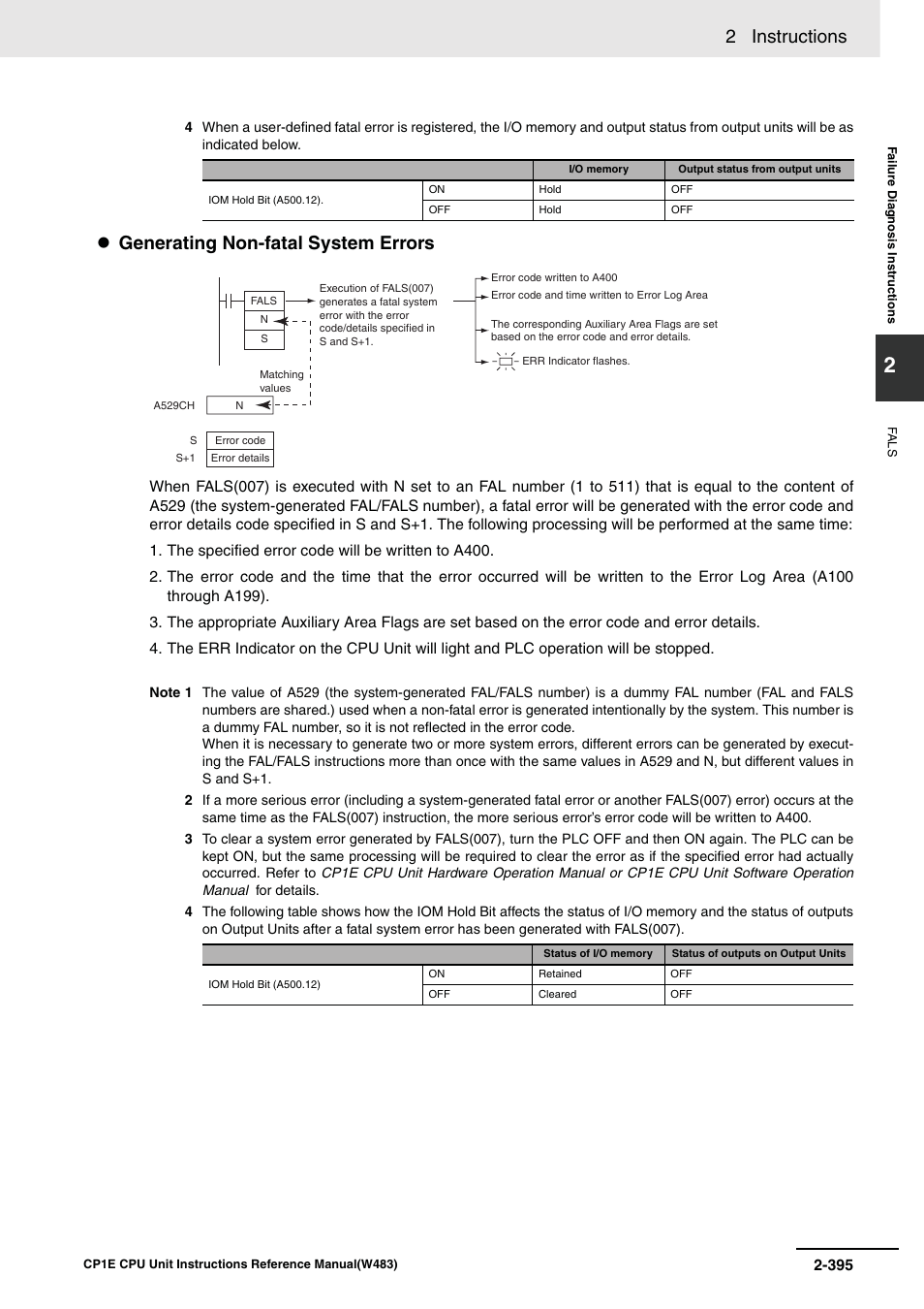 2 instructions, Generating non-fatal system errors | Omron SYSMAC CP CP1E-N@@D@-@ User Manual | Page 431 / 467