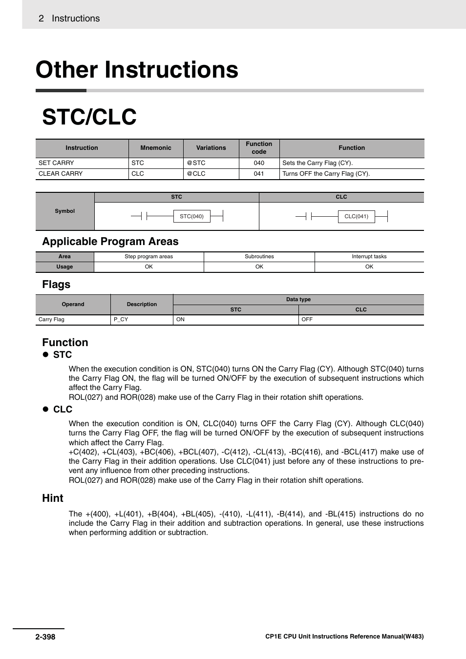Other instructions, Stc/clc, Applicable program areas flags function | Hint, 2 instructions | Omron SYSMAC CP CP1E-N@@D@-@ User Manual | Page 434 / 467