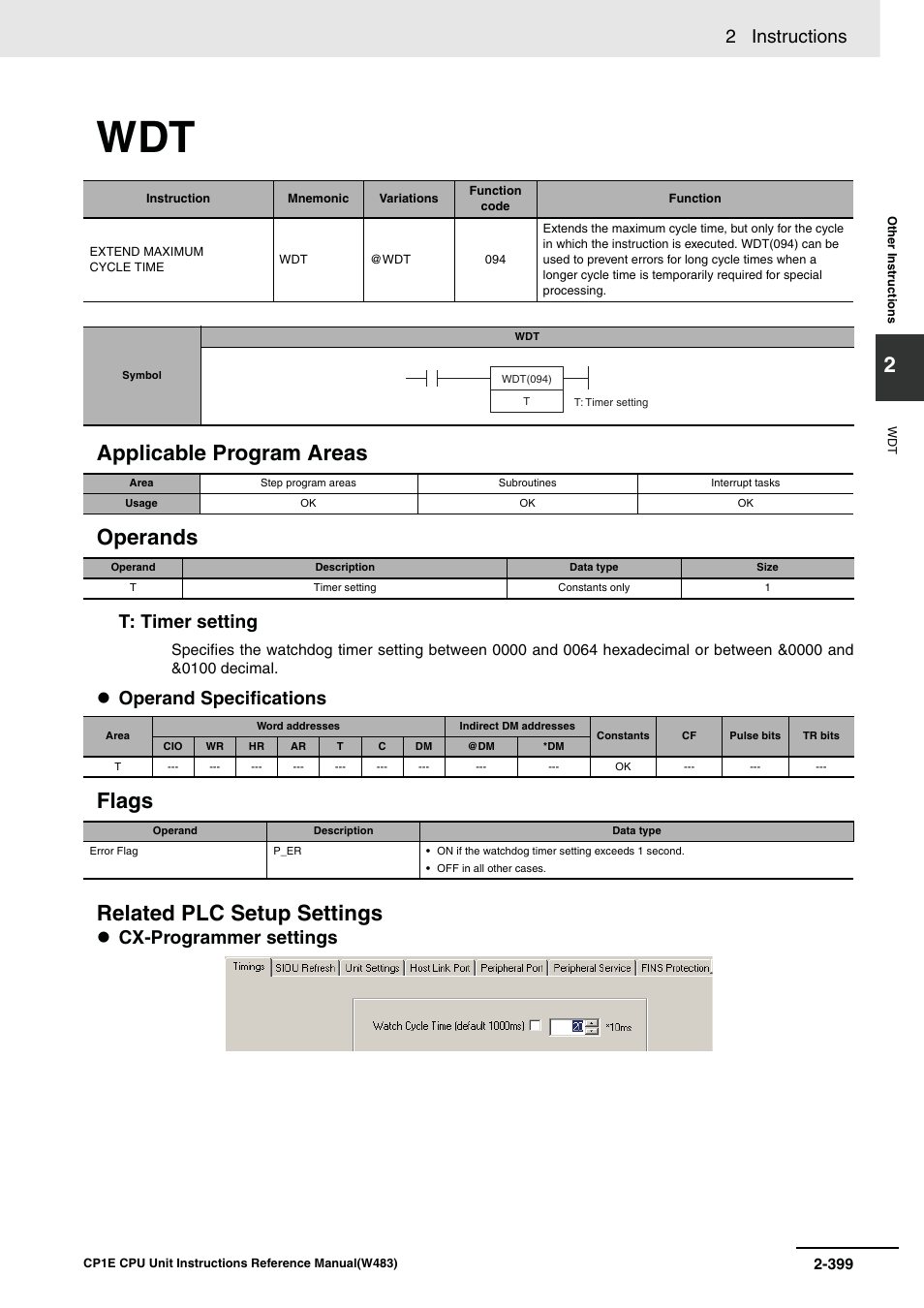 Applicable program areas operands, Flags related plc setup settings, 2 instructions | T: timer setting, Operand specifications, Cx-programmer settings | Omron SYSMAC CP CP1E-N@@D@-@ User Manual | Page 435 / 467