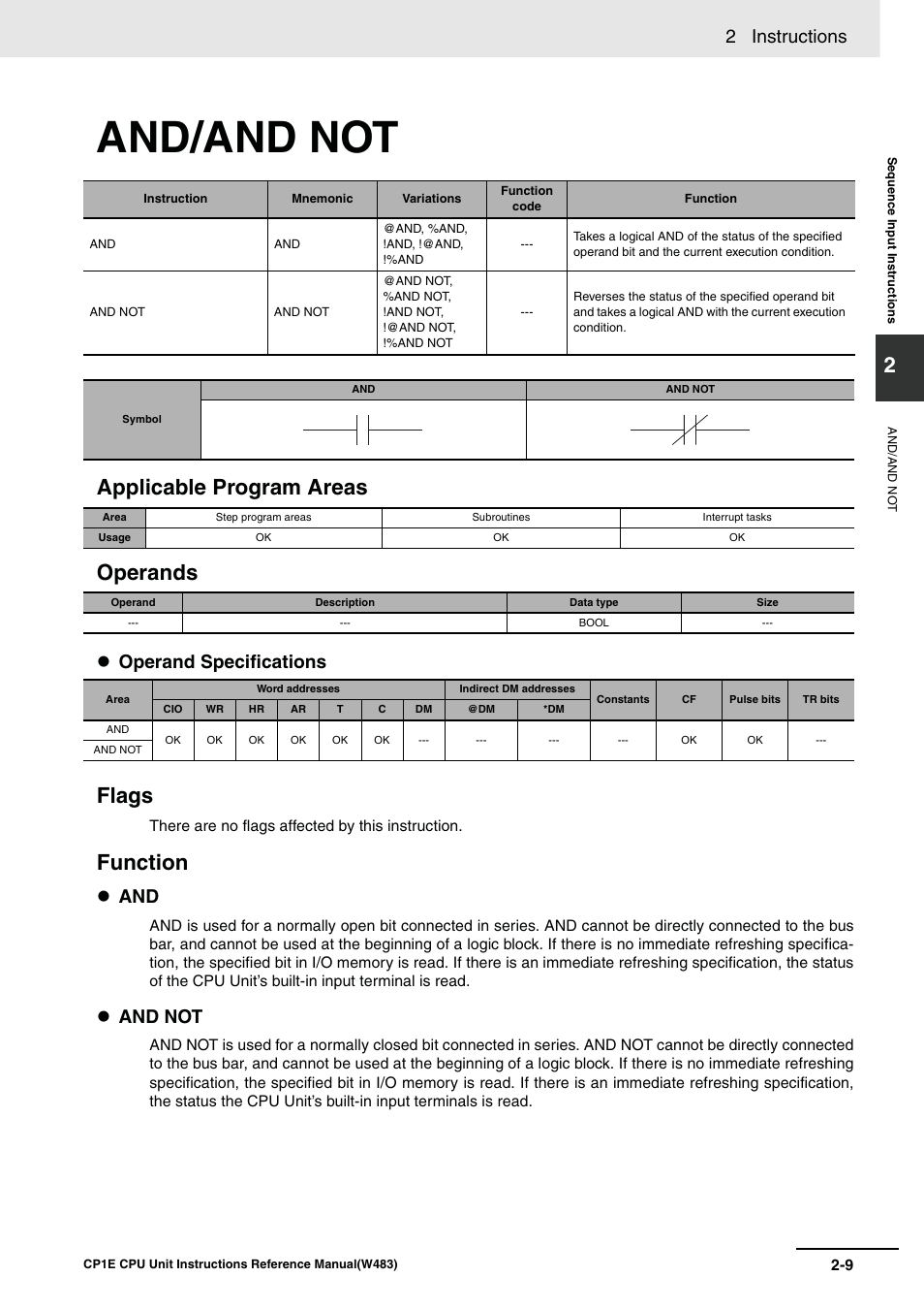 And/and not, Applicable program areas operands, Flags | Function, 2 instructions, Operand specifications, And not | Omron SYSMAC CP CP1E-N@@D@-@ User Manual | Page 45 / 467