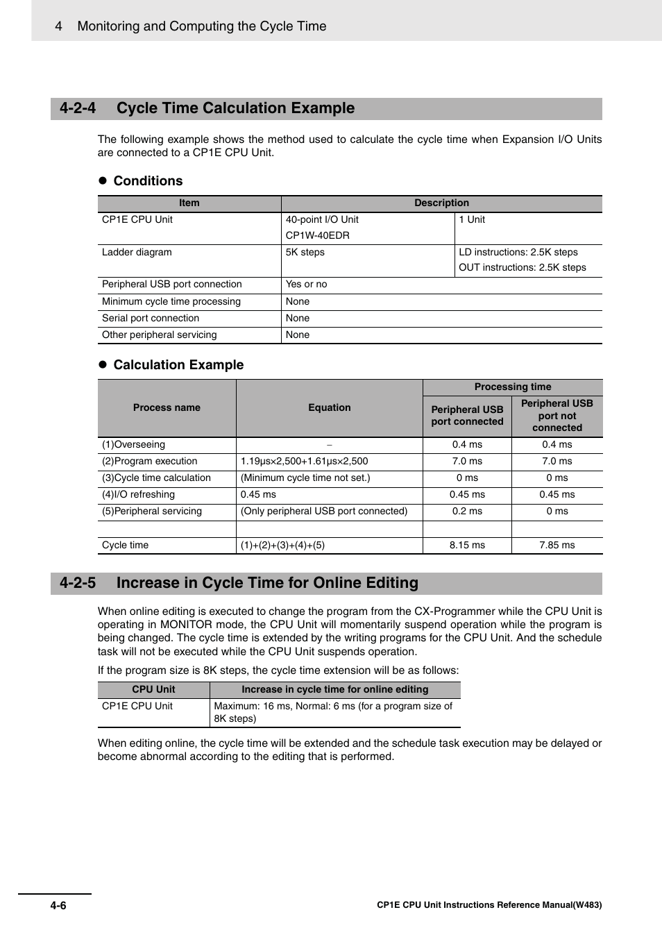 2-4 cycle time calculation example, 2-5 increase in cycle time for online editing, 4 monitoring and computing the cycle time | Conditions calculation example | Omron SYSMAC CP CP1E-N@@D@-@ User Manual | Page 454 / 467