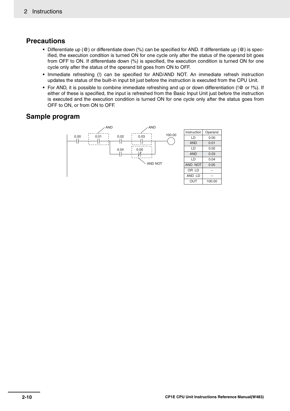 Precautions, Sample program, 2 instructions | Omron SYSMAC CP CP1E-N@@D@-@ User Manual | Page 46 / 467