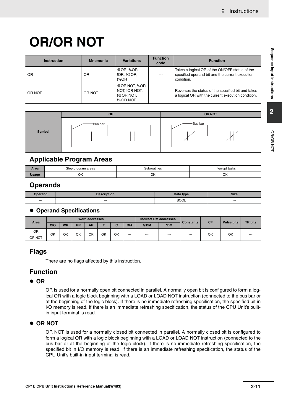 Or/or not, Applicable program areas operands, Flags | Function, 2 instructions, Operand specifications, Or not | Omron SYSMAC CP CP1E-N@@D@-@ User Manual | Page 47 / 467