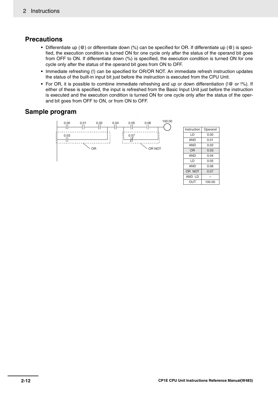 Precautions, Sample program, 2 instructions | Omron SYSMAC CP CP1E-N@@D@-@ User Manual | Page 48 / 467