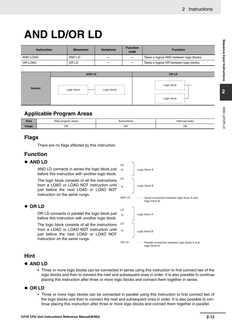 And ld/or ld, Applicable program areas flags, Function hint | 2 instructions, And ld, Or ld | Omron SYSMAC CP CP1E-N@@D@-@ User Manual | Page 49 / 467