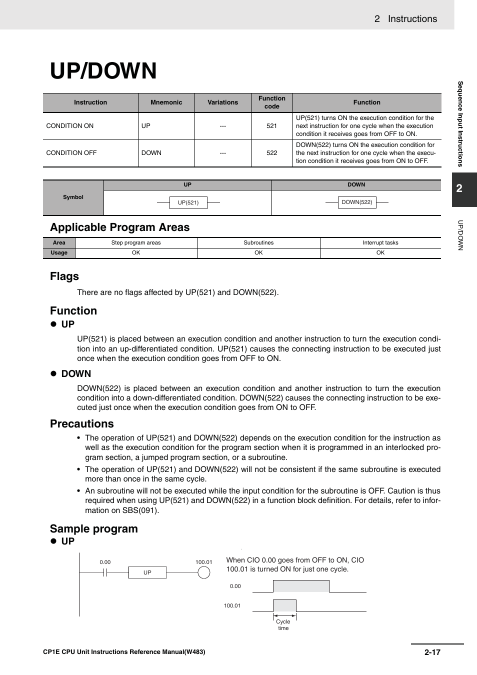 Up/down, Applicable program areas flags, Function precautions | Sample program, 2 instructions, Down | Omron SYSMAC CP CP1E-N@@D@-@ User Manual | Page 53 / 467