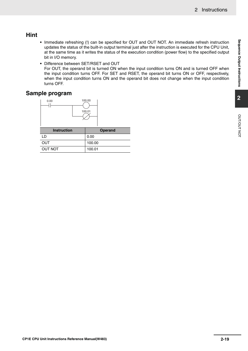 Hint, Sample program, 2 instructions | Omron SYSMAC CP CP1E-N@@D@-@ User Manual | Page 55 / 467