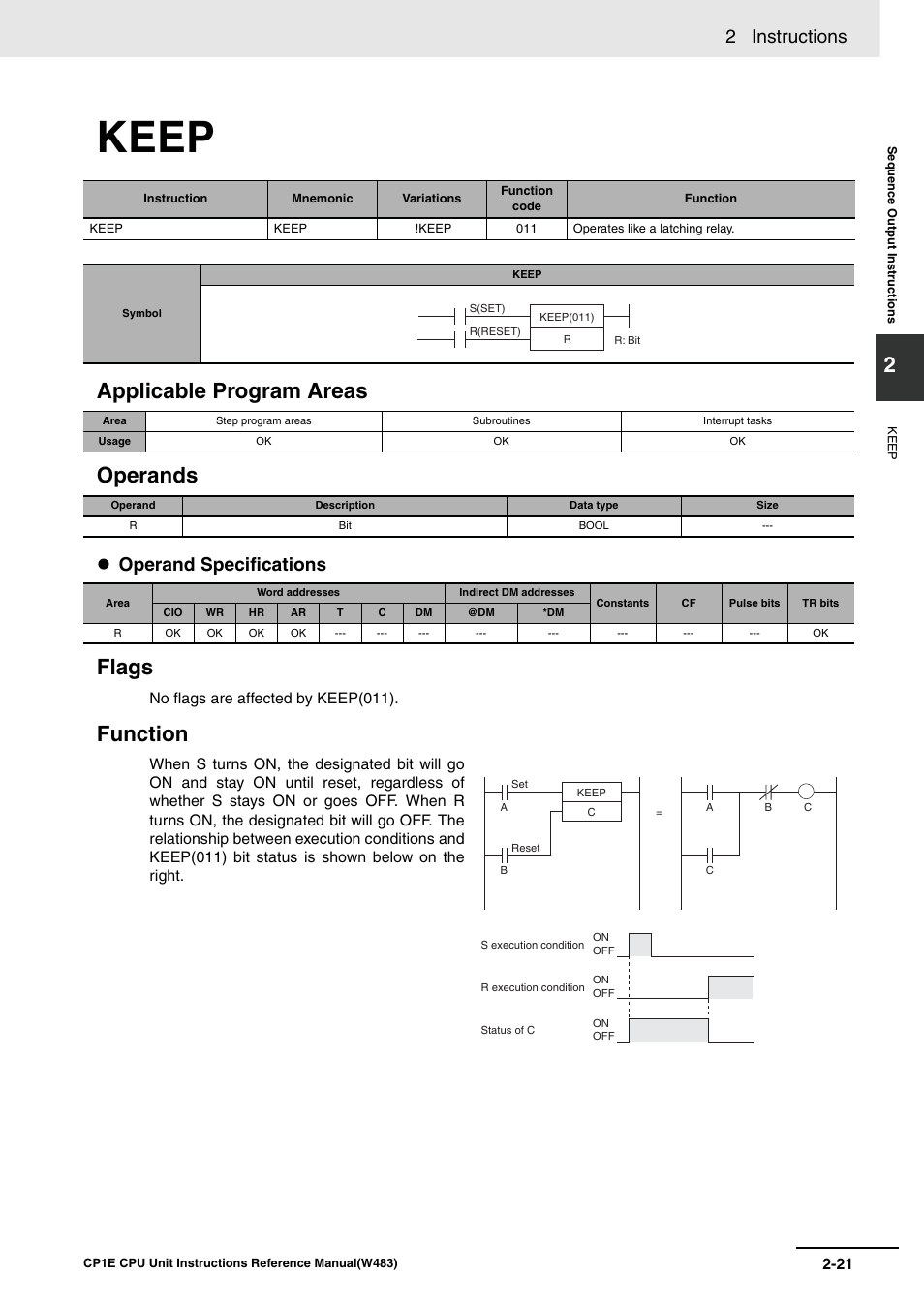 Keep, Applicable program areas operands, Flags | Function, 2 instructions, Operand specifications | Omron SYSMAC CP CP1E-N@@D@-@ User Manual | Page 57 / 467