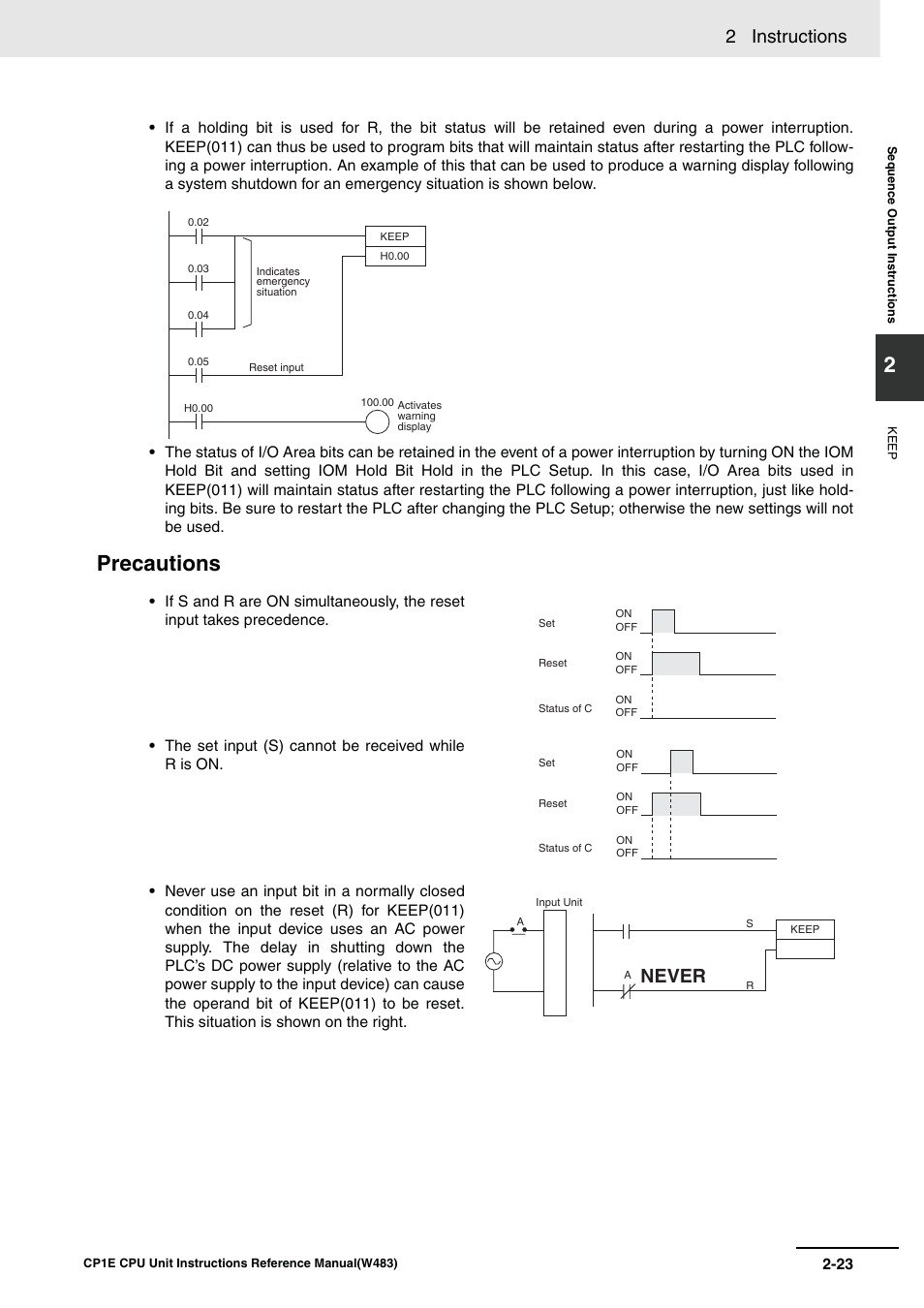 Precautions, 2 instructions, Never | Omron SYSMAC CP CP1E-N@@D@-@ User Manual | Page 59 / 467