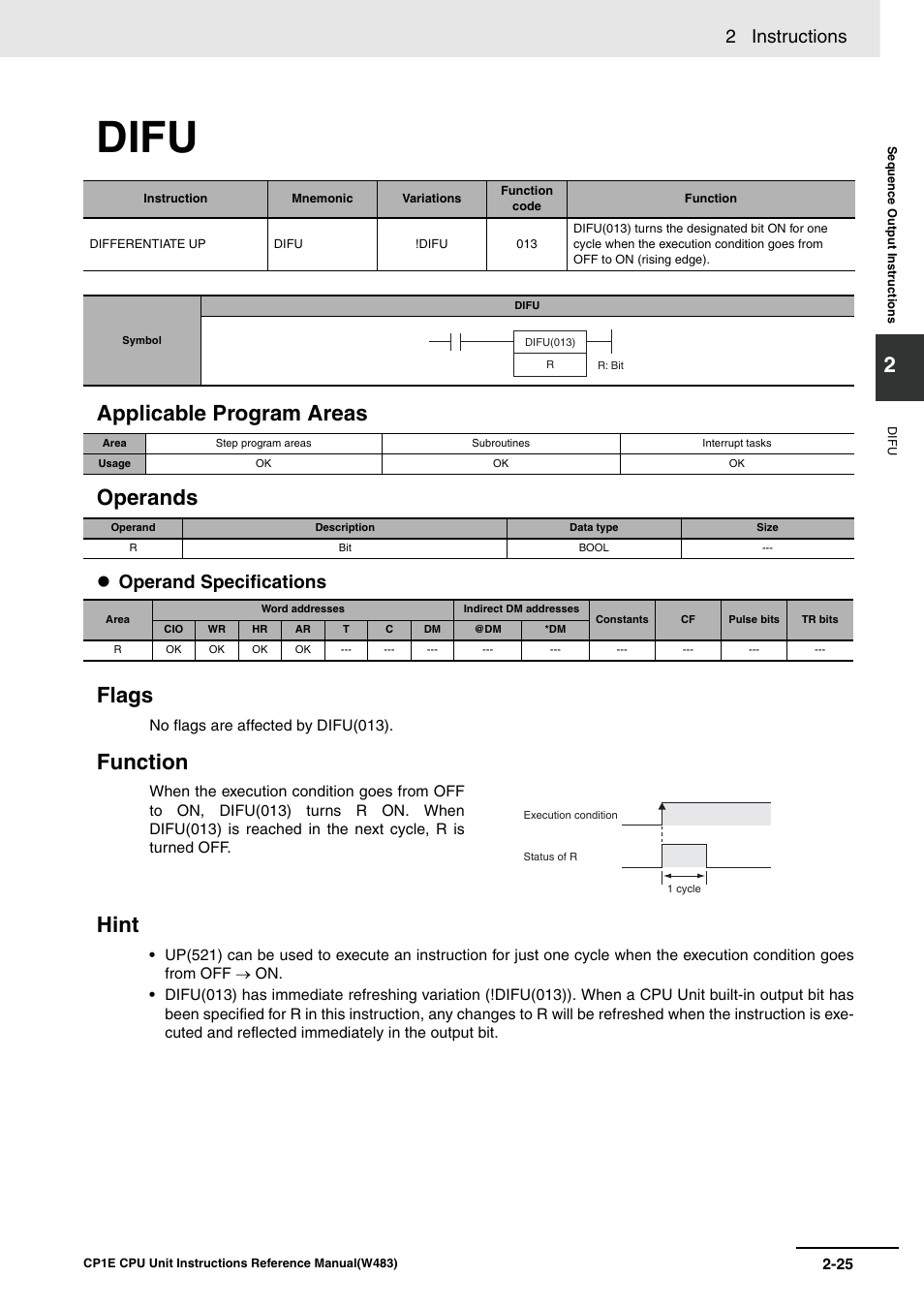 Difu, Applicable program areas operands, Flags | Function hint, 2 instructions, Operand specifications | Omron SYSMAC CP CP1E-N@@D@-@ User Manual | Page 61 / 467