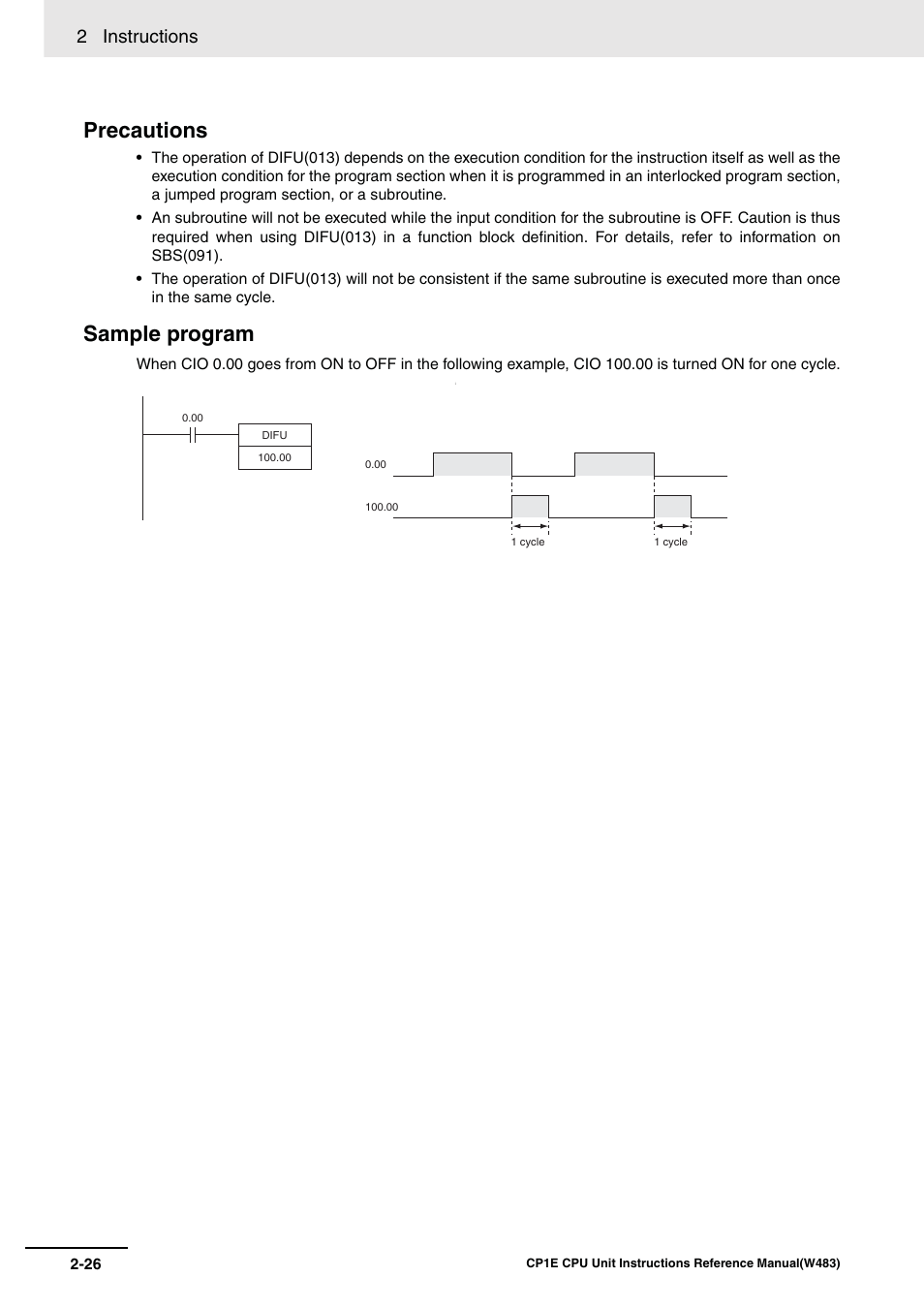 Precautions, Sample program, 2 instructions | Omron SYSMAC CP CP1E-N@@D@-@ User Manual | Page 62 / 467