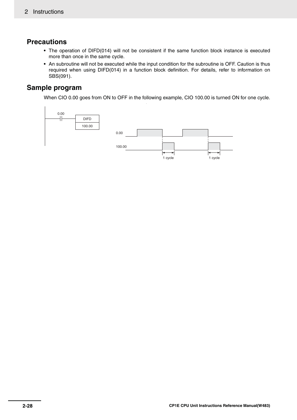 Precautions, Sample program, 2 instructions | Omron SYSMAC CP CP1E-N@@D@-@ User Manual | Page 64 / 467