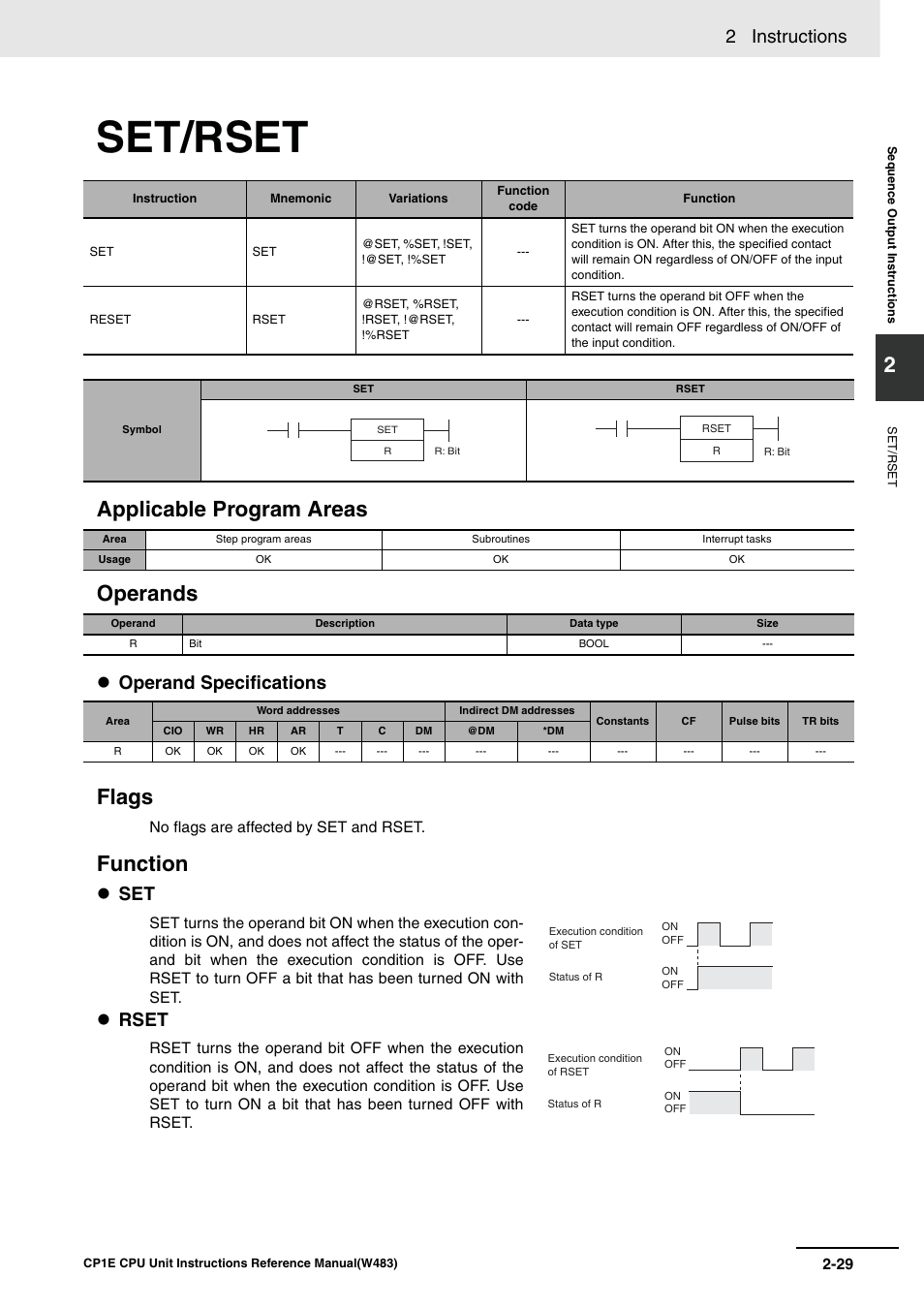 Set/rset, Applicable program areas operands, Flags | Function, 2 instructions, Operand specifications, Rset | Omron SYSMAC CP CP1E-N@@D@-@ User Manual | Page 65 / 467