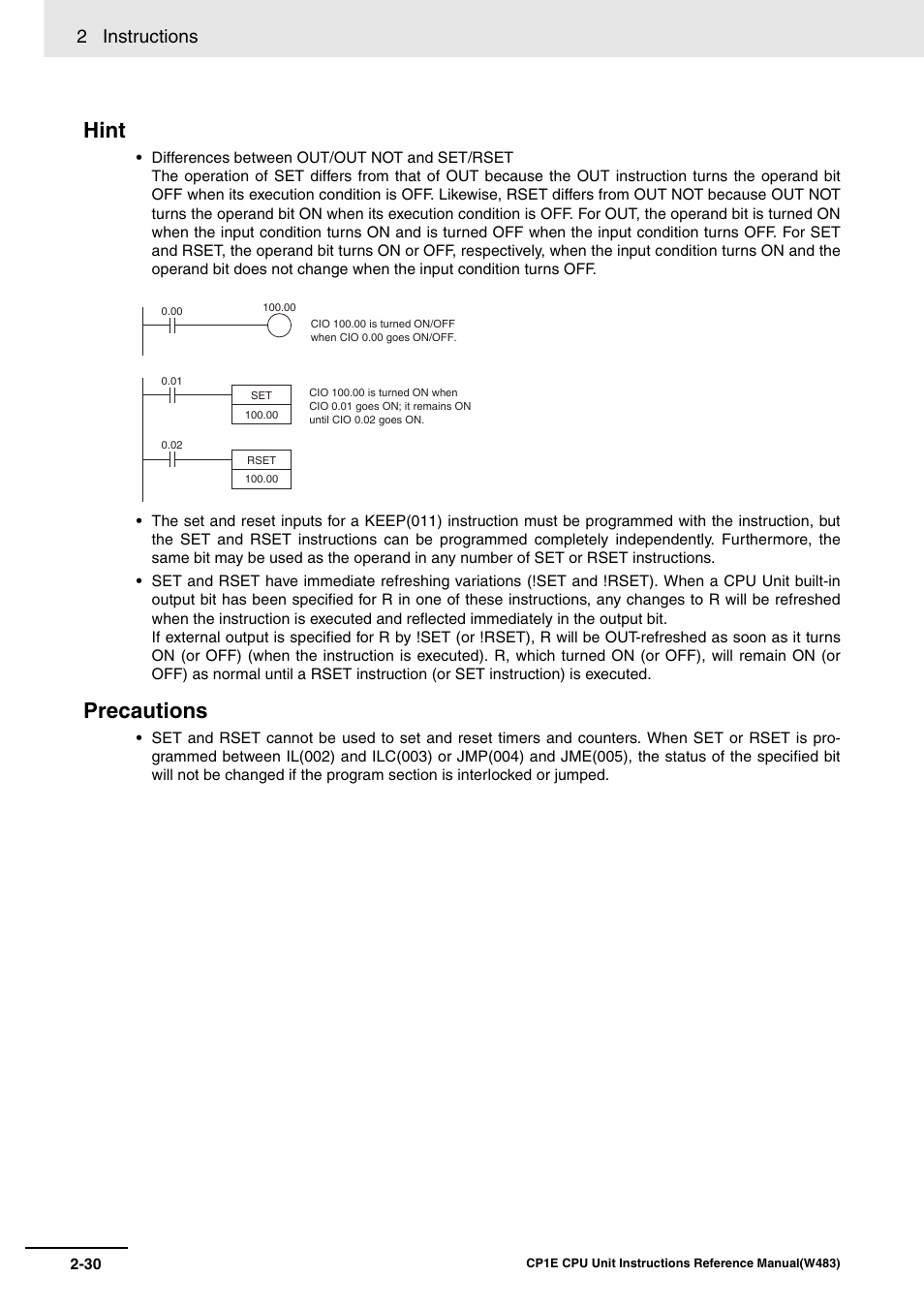 Hint, Precautions, 2 instructions | Omron SYSMAC CP CP1E-N@@D@-@ User Manual | Page 66 / 467