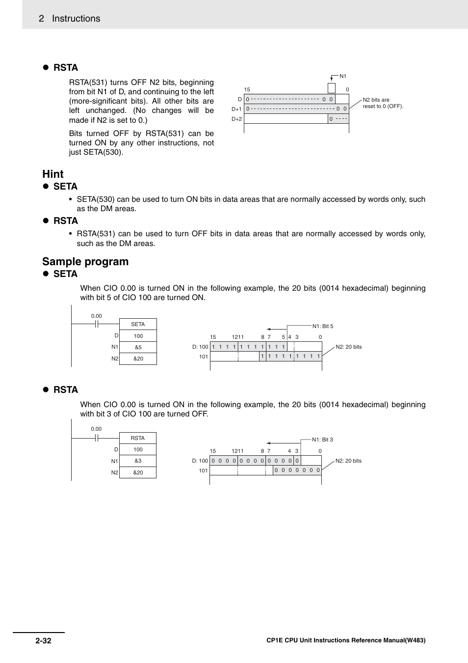 Hint, Sample program, 2 instructions | Seta, Rsta | Omron SYSMAC CP CP1E-N@@D@-@ User Manual | Page 68 / 467