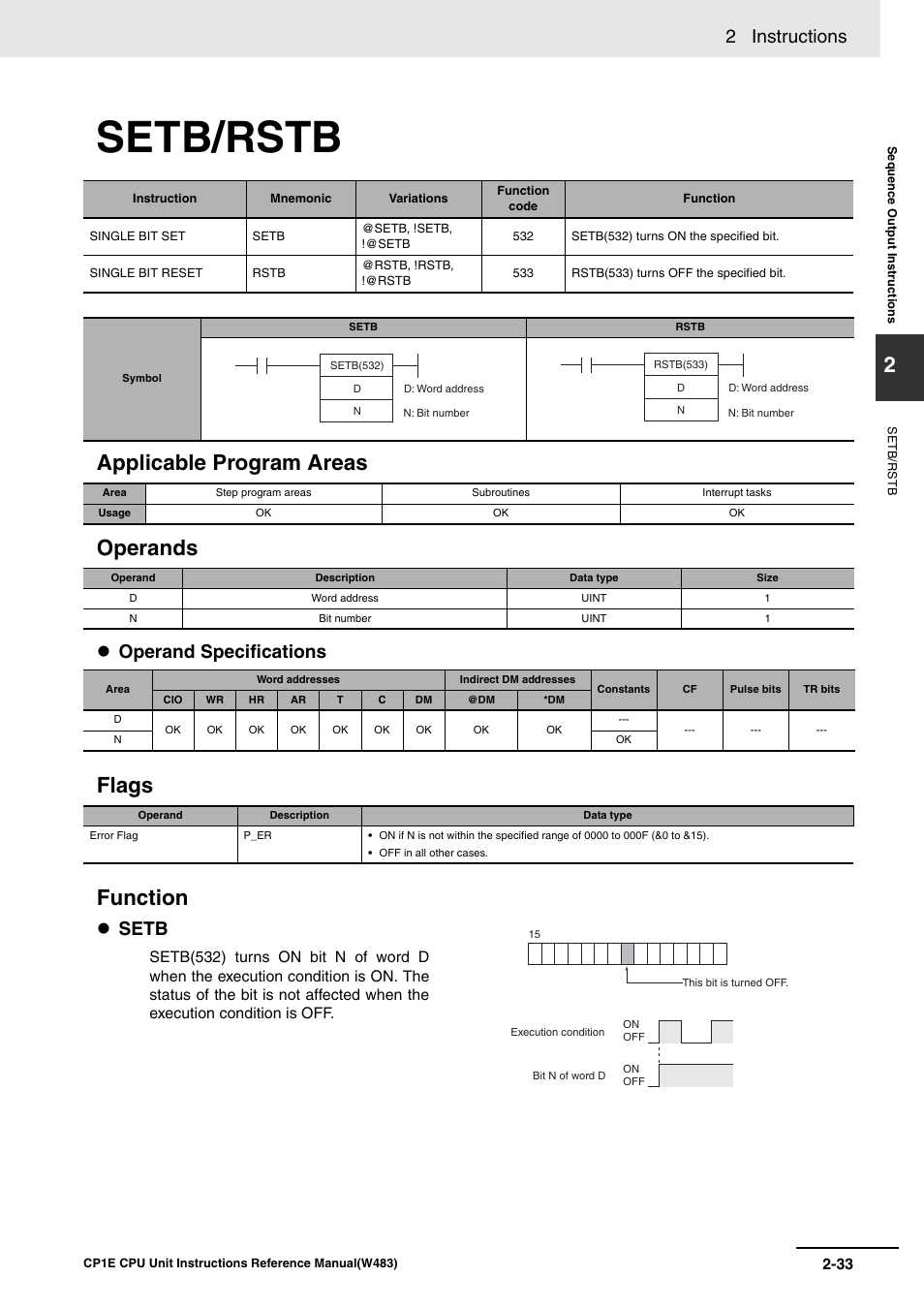 Setb/rstb, Applicable program areas operands, Flags function | 2 instructions, Operand specifications, Setb | Omron SYSMAC CP CP1E-N@@D@-@ User Manual | Page 69 / 467