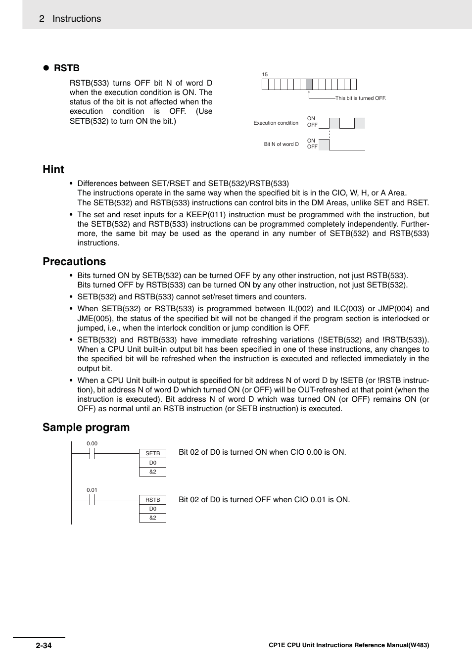 Hint, Precautions, Sample program | 2 instructions, Rstb | Omron SYSMAC CP CP1E-N@@D@-@ User Manual | Page 70 / 467