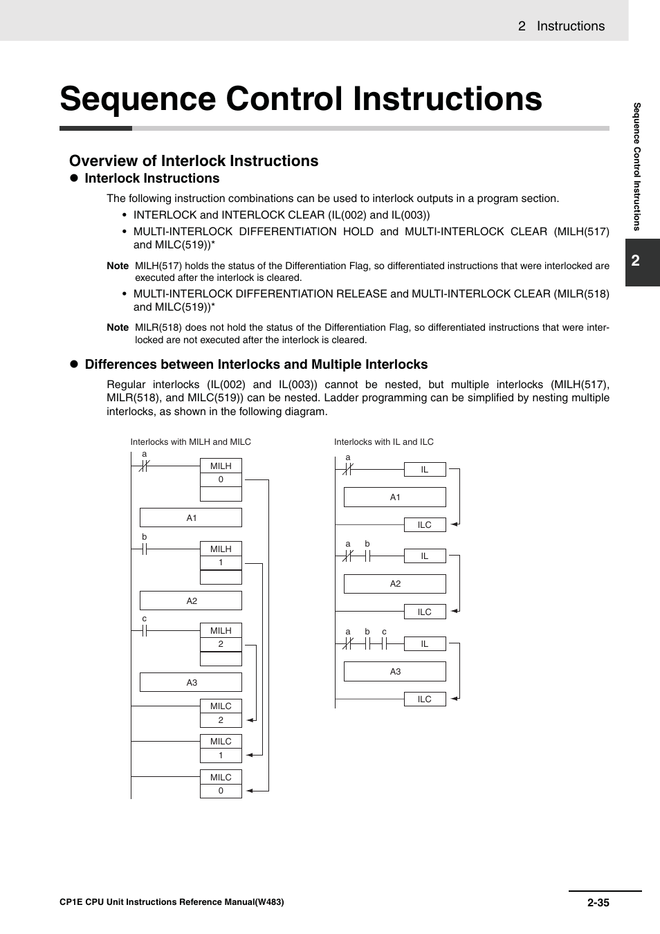 Sequence control instructions, Overview of interlock instructions, 2 instructions | Interlock instructions | Omron SYSMAC CP CP1E-N@@D@-@ User Manual | Page 71 / 467