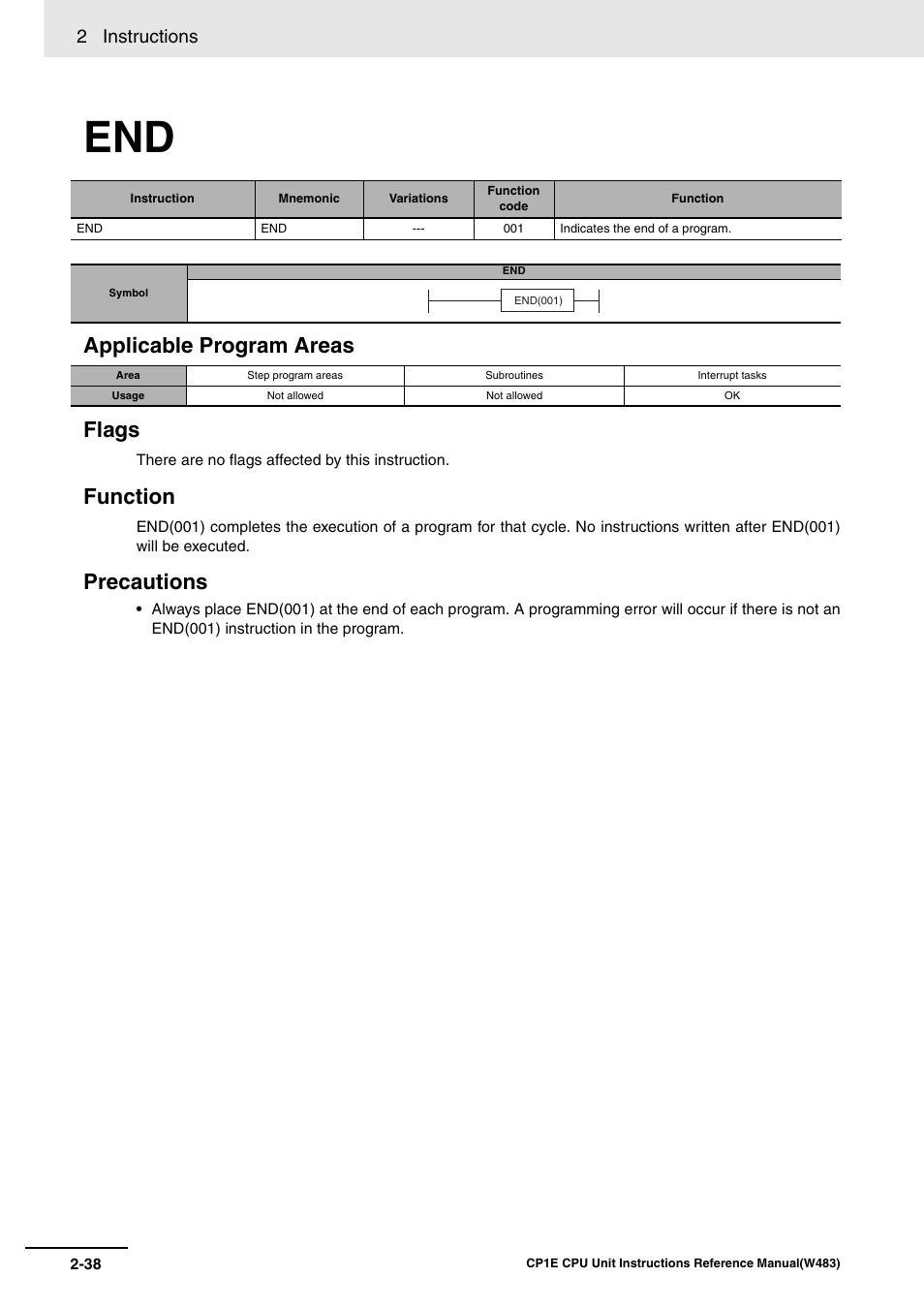 Applicable program areas flags, Function, Precautions | 2 instructions | Omron SYSMAC CP CP1E-N@@D@-@ User Manual | Page 74 / 467