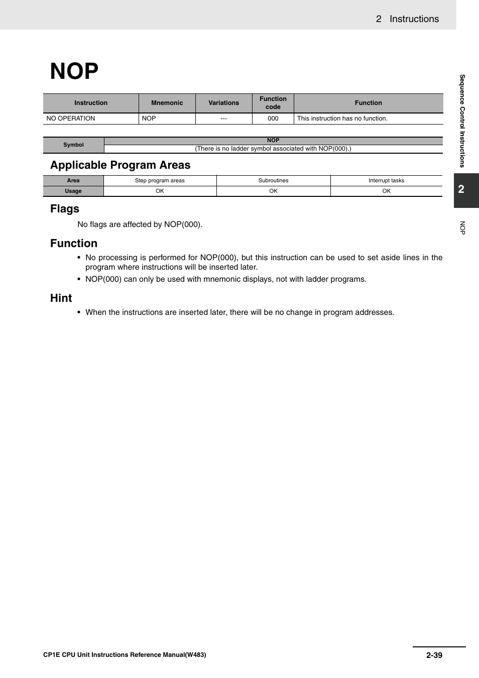 Applicable program areas flags, Function, Hint | 2 instructions | Omron SYSMAC CP CP1E-N@@D@-@ User Manual | Page 75 / 467