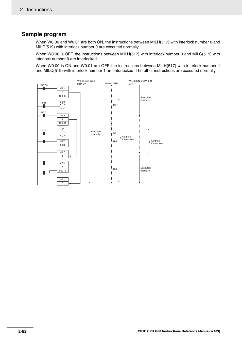 Sample program, 2 instructions | Omron SYSMAC CP CP1E-N@@D@-@ User Manual | Page 88 / 467