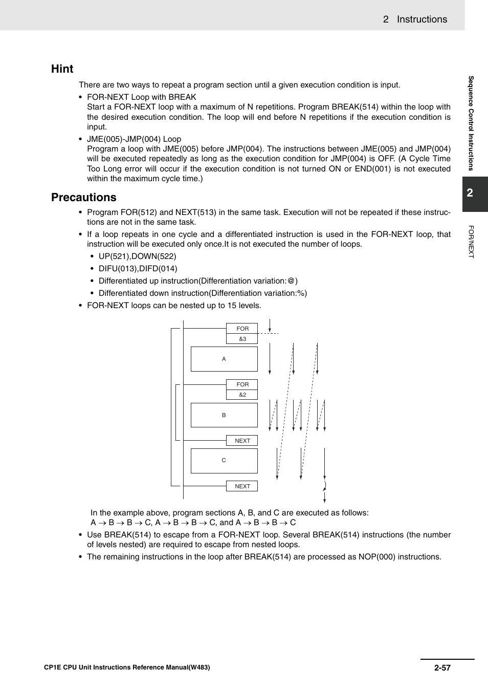 Hint, Precautions, 2 instructions | Omron SYSMAC CP CP1E-N@@D@-@ User Manual | Page 93 / 467