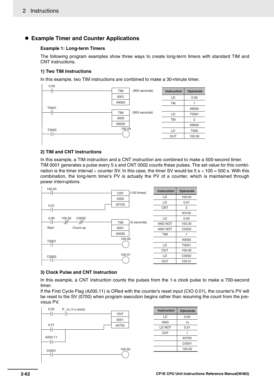 2 instructions, Example timer and counter applications | Omron SYSMAC CP CP1E-N@@D@-@ User Manual | Page 98 / 467