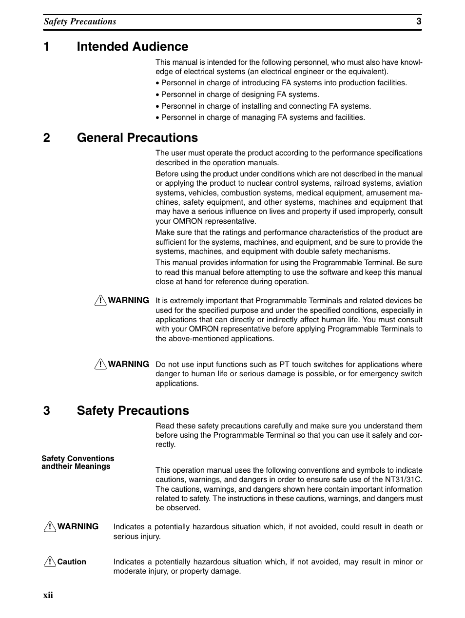 1 intended audience, 2 general precautions, 3 safety precautions | 1intended audience, 2general precautions, 3safety precautions | Omron Programmable Terminals NT31 NT31C User Manual | Page 11 / 296