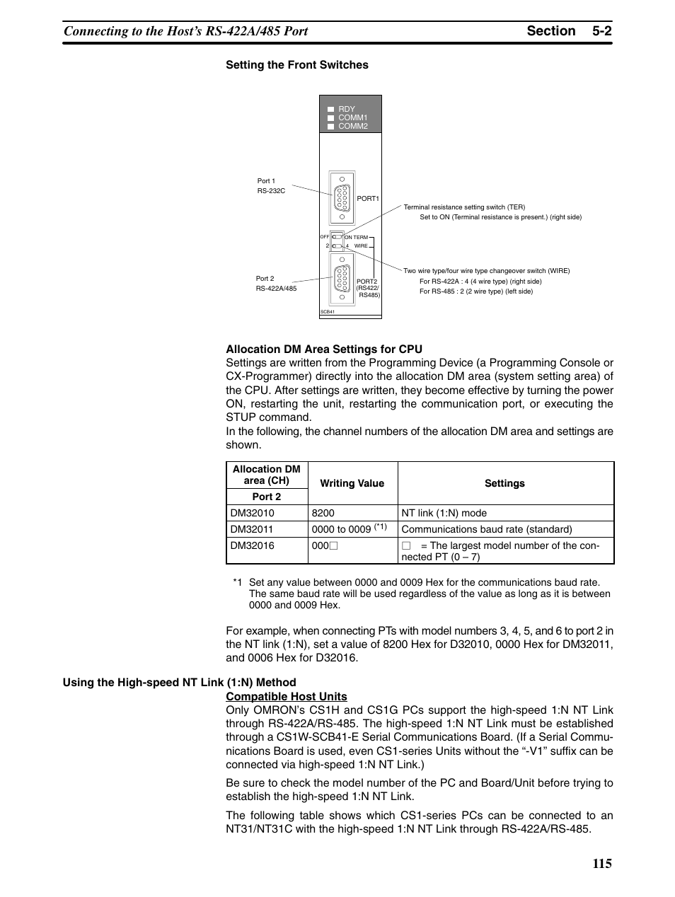 Setting the front switches | Omron Programmable Terminals NT31 NT31C User Manual | Page 126 / 296