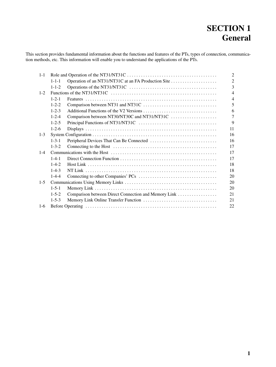 Section 1 general | Omron Programmable Terminals NT31 NT31C User Manual | Page 13 / 296