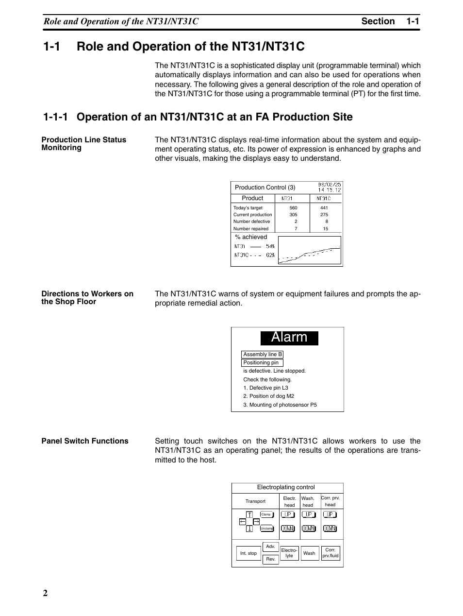 1 role and operation of the nt31/nt31c, Alarm | Omron Programmable Terminals NT31 NT31C User Manual | Page 14 / 296