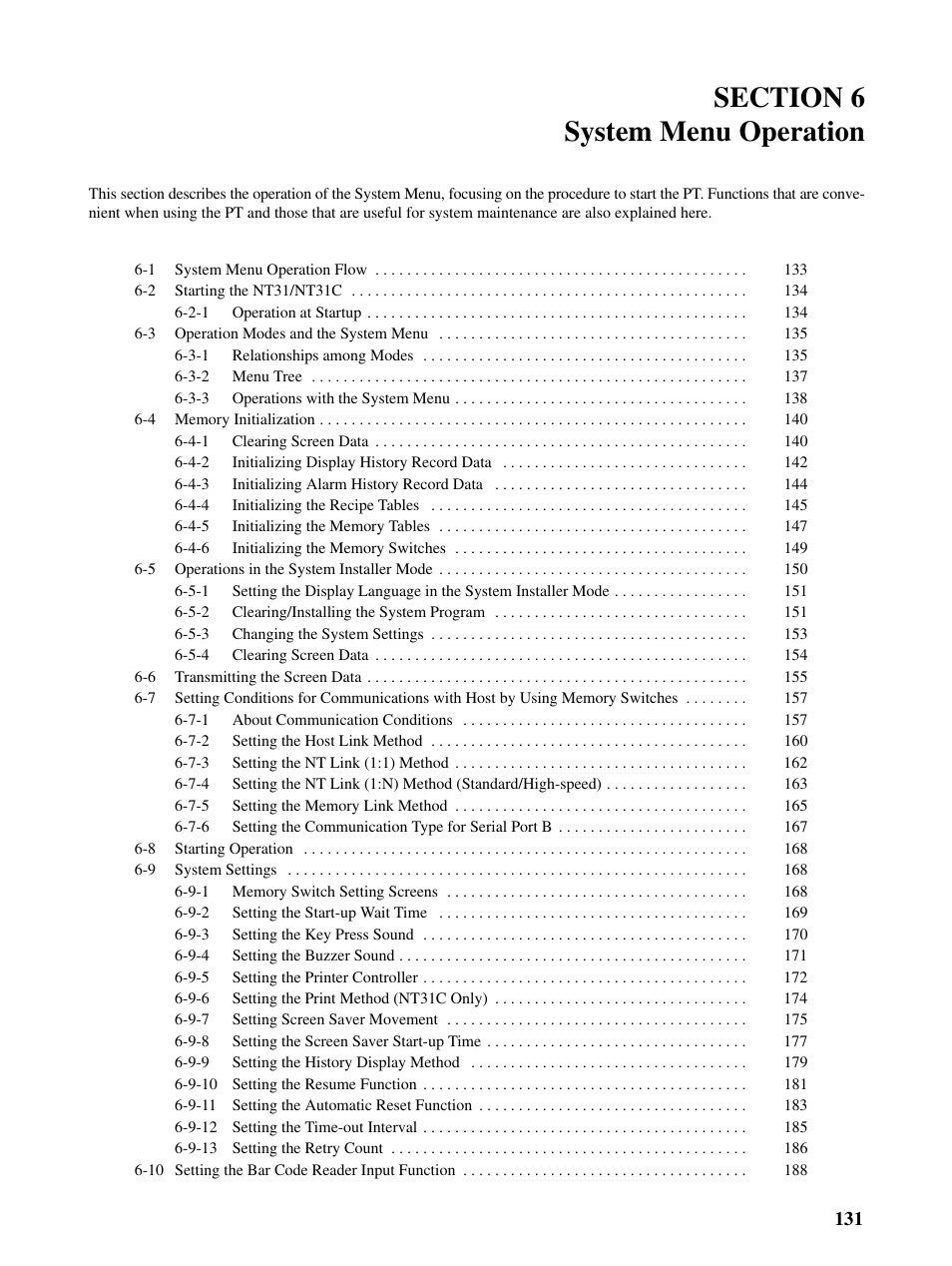 Section 6 system menu operation | Omron Programmable Terminals NT31 NT31C User Manual | Page 141 / 296