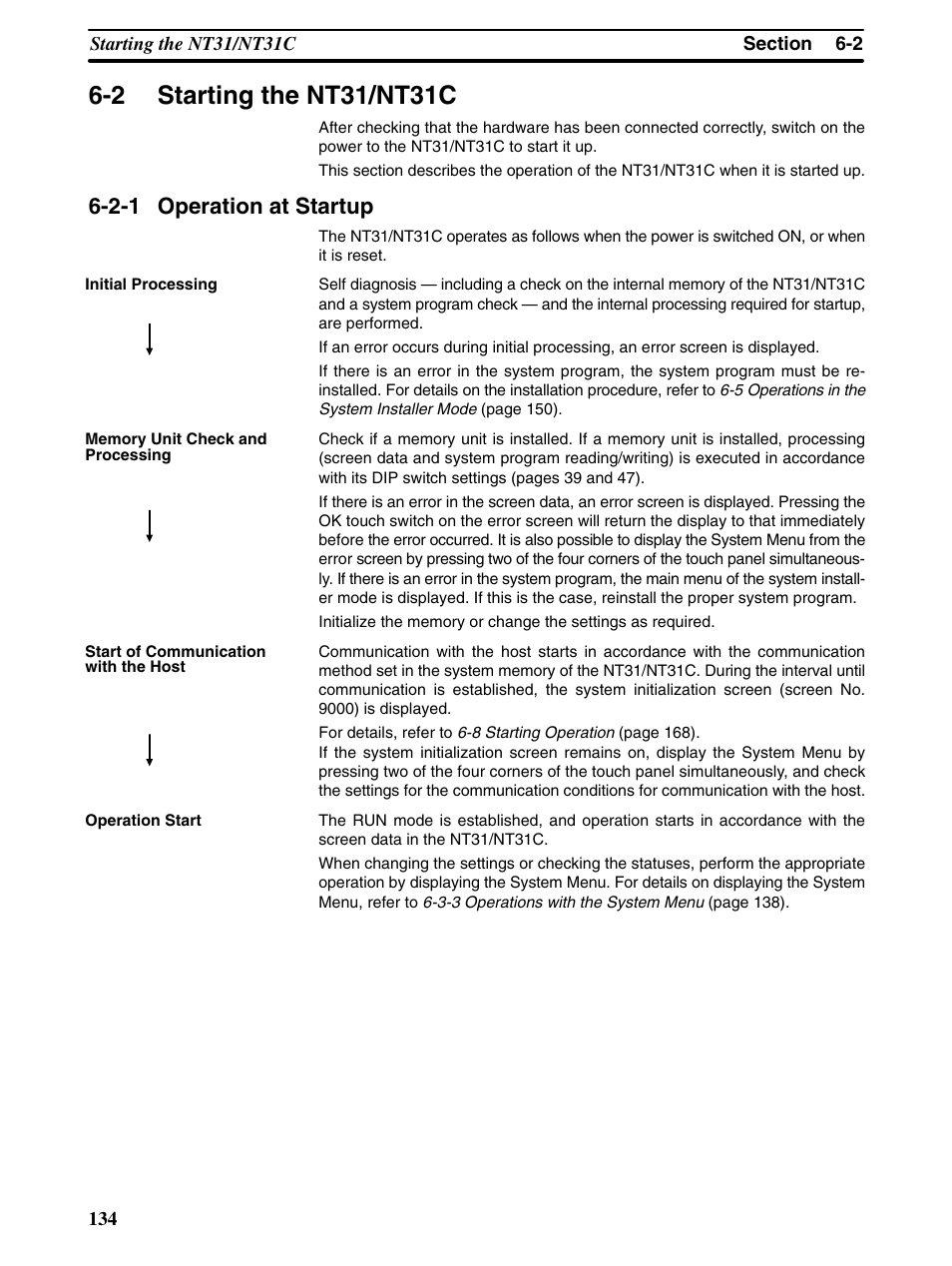 2 starting the nt31/nt31c, 2-1 operation at startup | Omron Programmable Terminals NT31 NT31C User Manual | Page 144 / 296