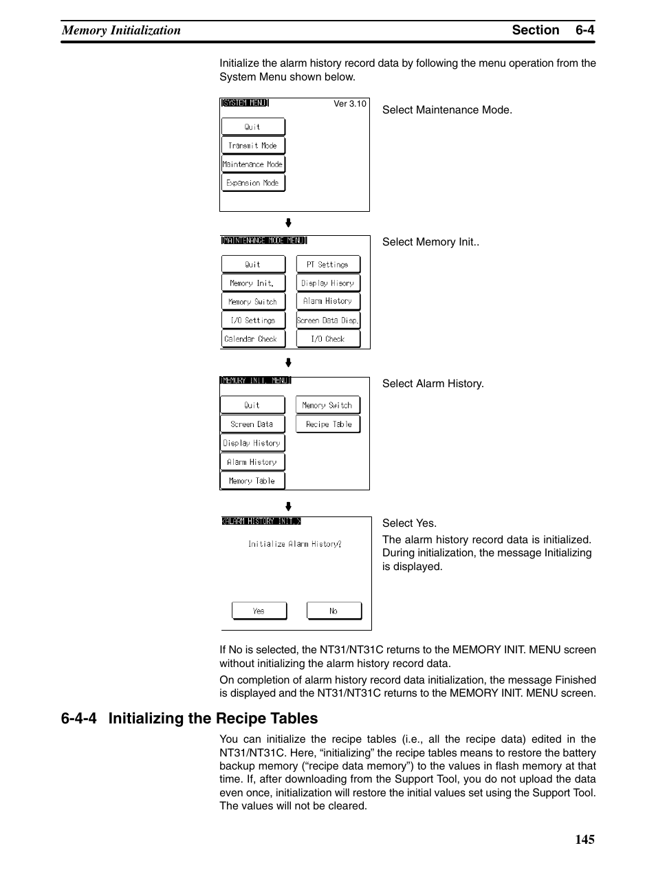 4-4 initializing the recipe tables | Omron Programmable Terminals NT31 NT31C User Manual | Page 155 / 296