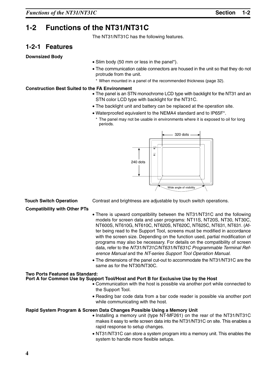 2 functions of the nt31/nt31c, 2-1 features | Omron Programmable Terminals NT31 NT31C User Manual | Page 16 / 296