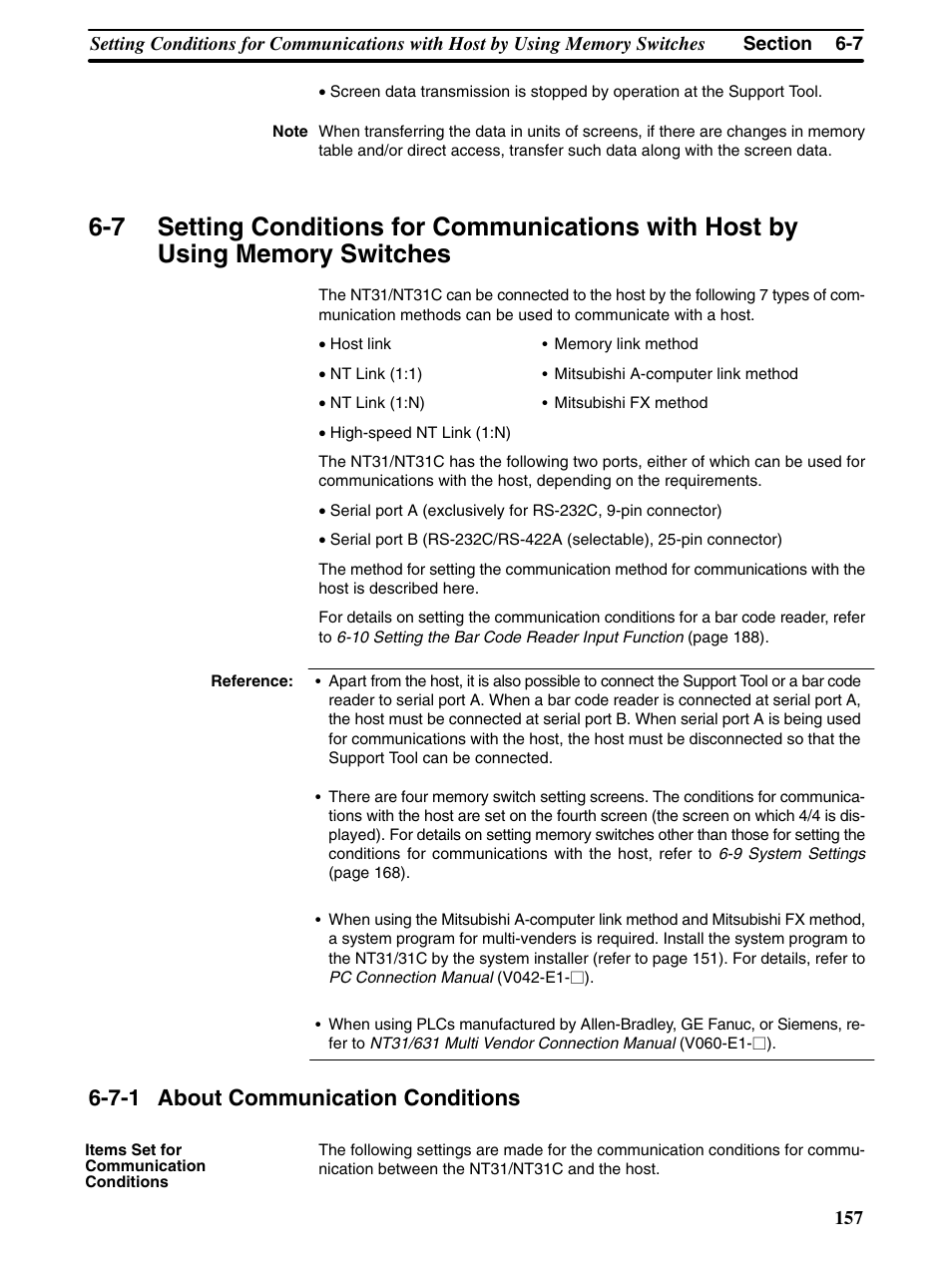 7-1 about communication conditions | Omron Programmable Terminals NT31 NT31C User Manual | Page 167 / 296