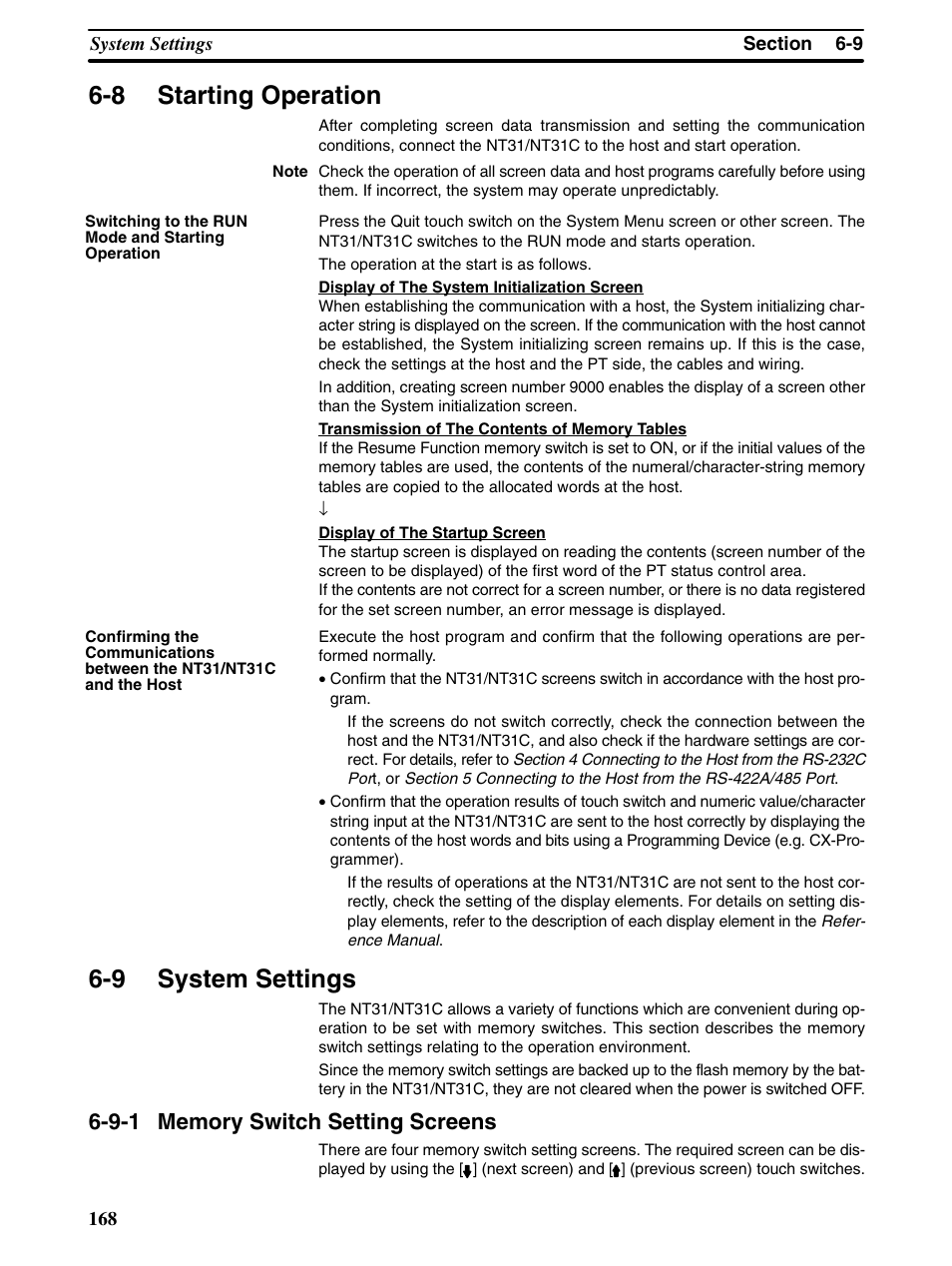 8 starting operation, 9 system settings | Omron Programmable Terminals NT31 NT31C User Manual | Page 178 / 296