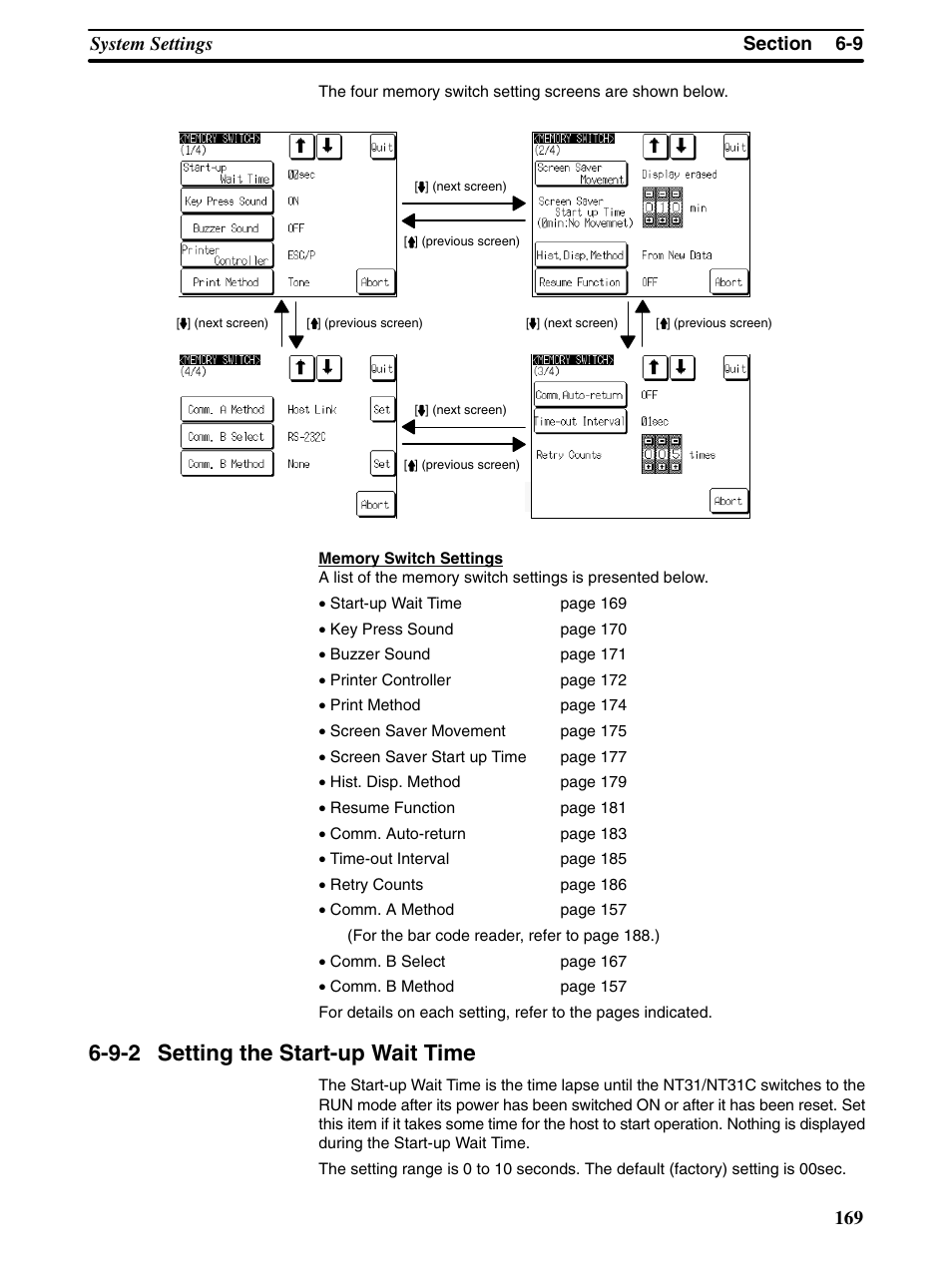 9-2 setting the start-up wait time | Omron Programmable Terminals NT31 NT31C User Manual | Page 179 / 296