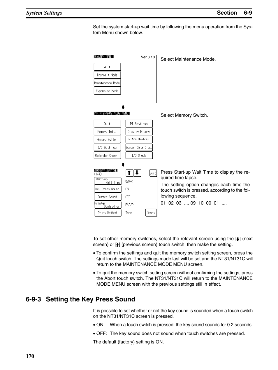 9-3 setting the key press sound | Omron Programmable Terminals NT31 NT31C User Manual | Page 180 / 296