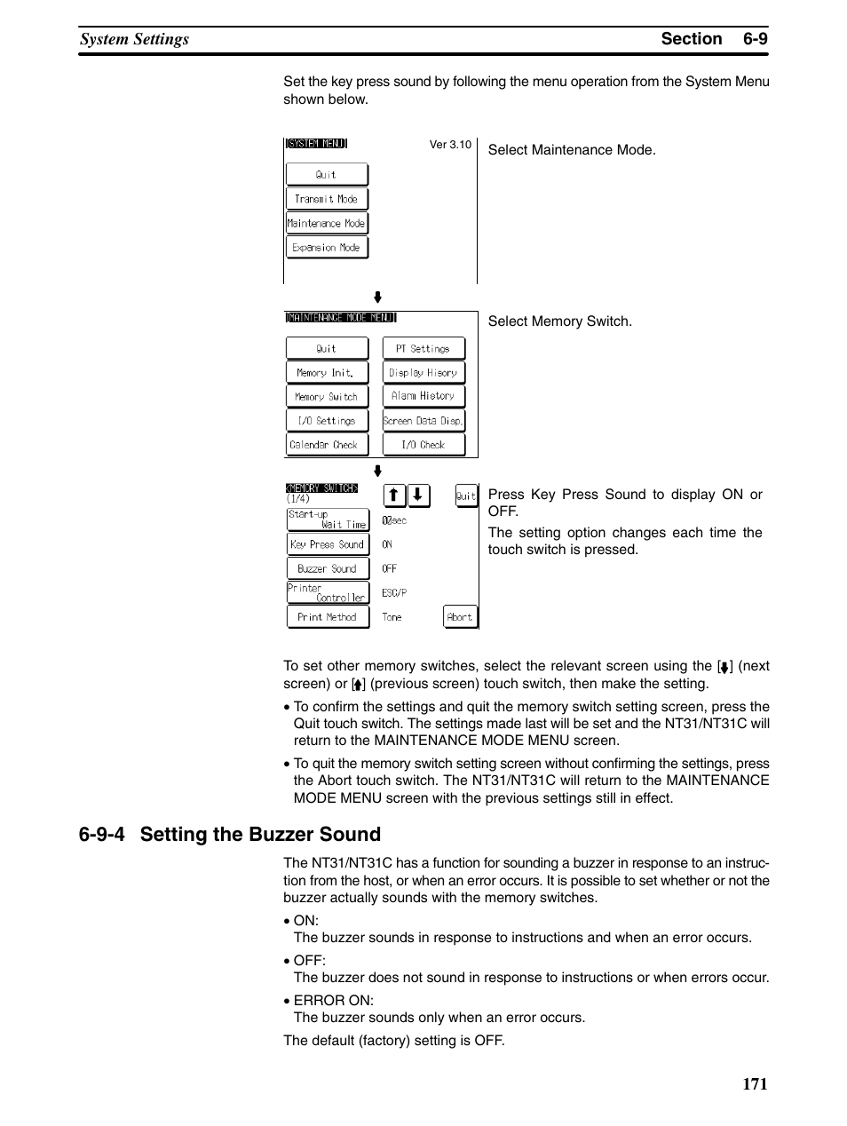 9-4 setting the buzzer sound | Omron Programmable Terminals NT31 NT31C User Manual | Page 181 / 296