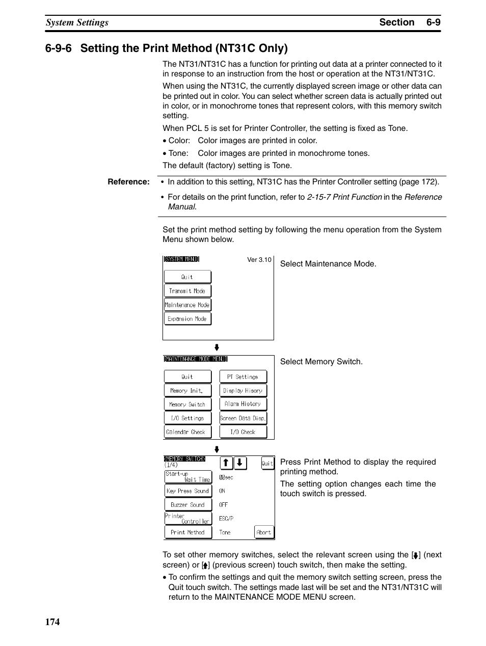 9-6 setting the print method (nt31c only) | Omron Programmable Terminals NT31 NT31C User Manual | Page 184 / 296