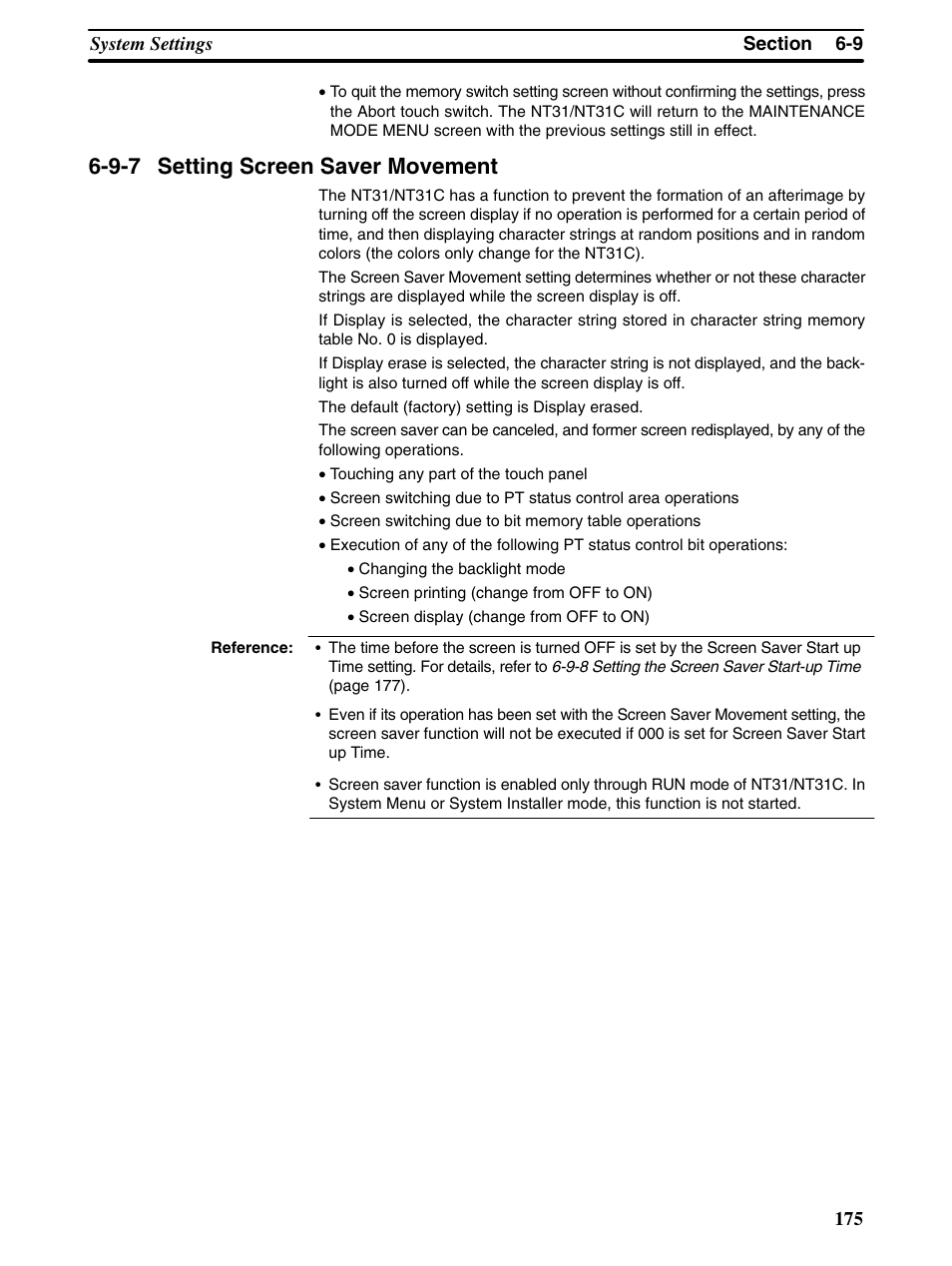 9-7 setting screen saver movement | Omron Programmable Terminals NT31 NT31C User Manual | Page 185 / 296