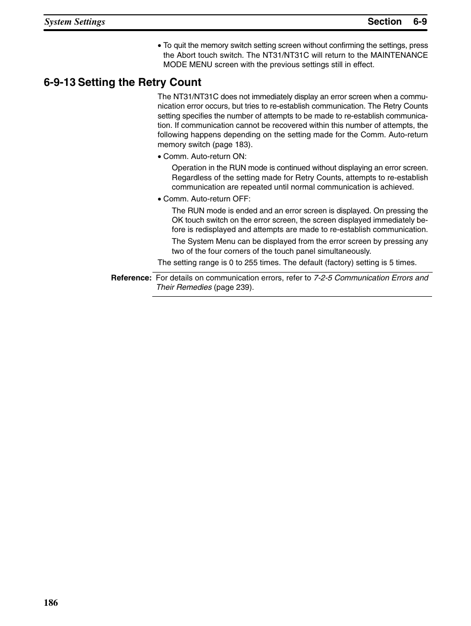 9-13 setting the retry count | Omron Programmable Terminals NT31 NT31C User Manual | Page 196 / 296