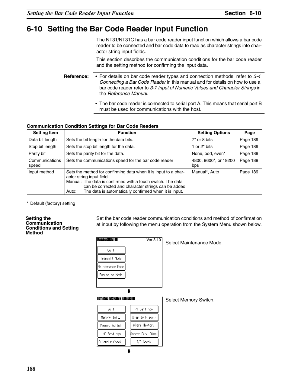 10 setting the bar code reader input function | Omron Programmable Terminals NT31 NT31C User Manual | Page 198 / 296