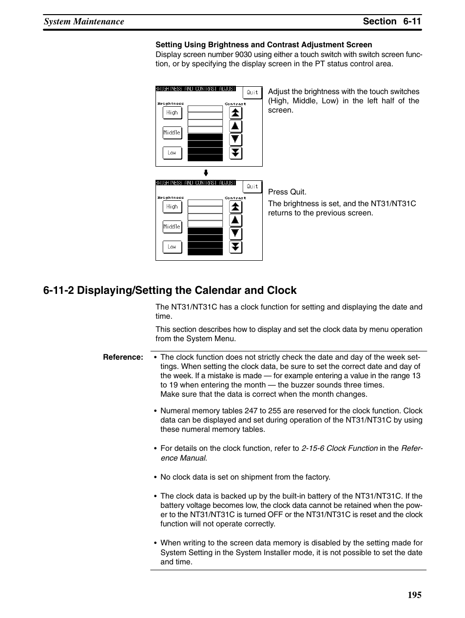 11-2 displaying/setting the calendar and clock | Omron Programmable Terminals NT31 NT31C User Manual | Page 205 / 296